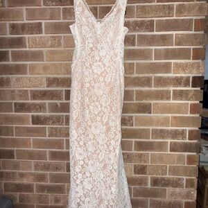Xscape White Floral Lace Over Blush Sheath Wedding Dress